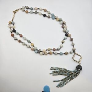 Amazonite Jadite Bead Necklace Crystal CZ Tassel Moroccan Lattice Fairy Boho